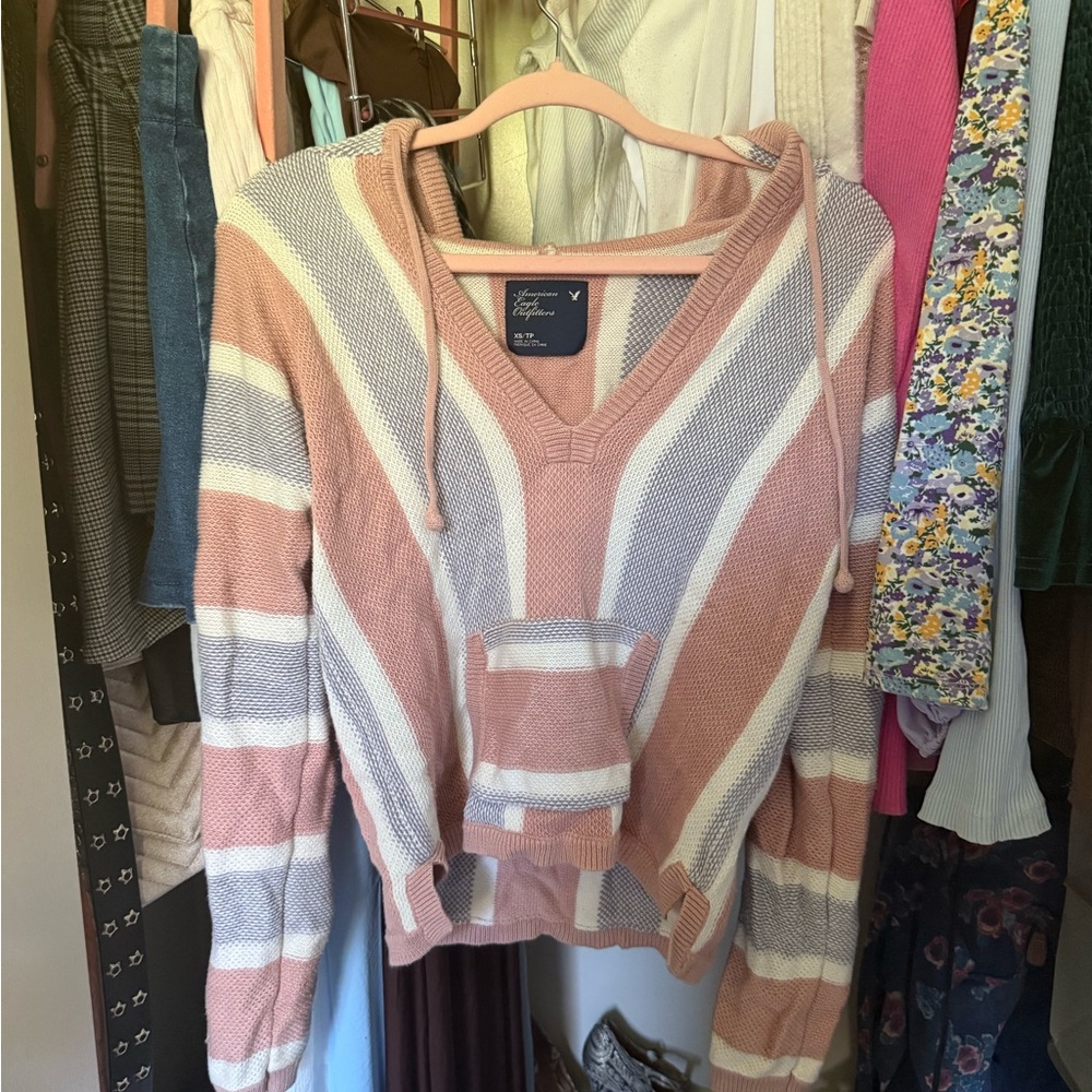 American Eagle Outfitters Pink and White Striped Hoodie